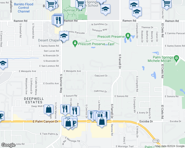 map of restaurants, bars, coffee shops, grocery stores, and more near 2222 Oakcrest Drive in Palm Springs