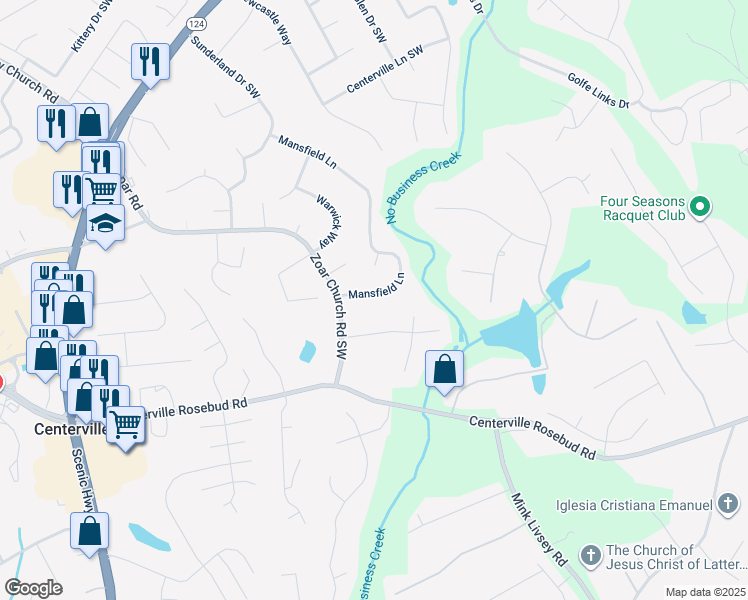 map of restaurants, bars, coffee shops, grocery stores, and more near 3618 Mansfield Lane in Snellville