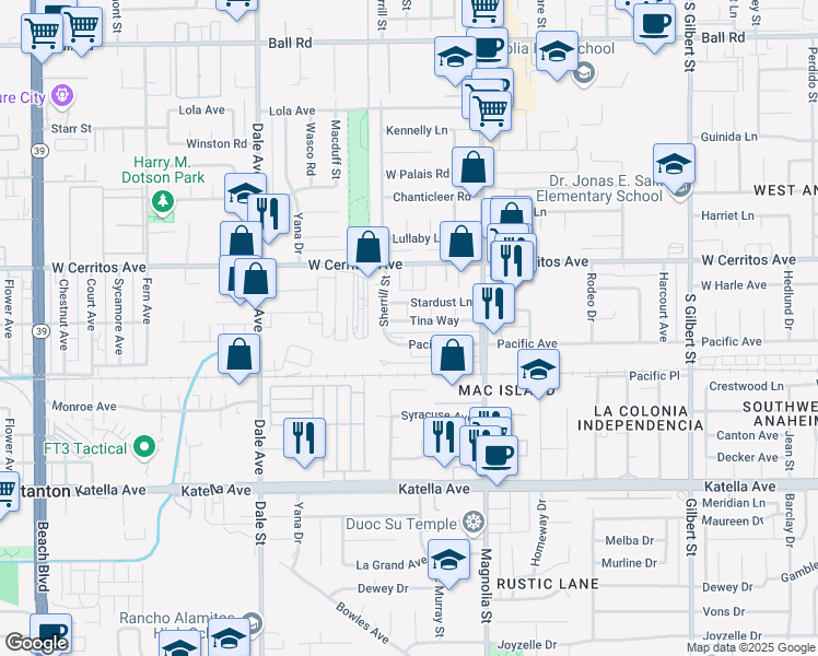 map of restaurants, bars, coffee shops, grocery stores, and more near 8860 Tina Way in Anaheim