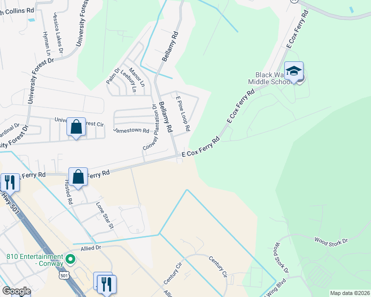 map of restaurants, bars, coffee shops, grocery stores, and more near 587 East Cox Ferry Road in Conway