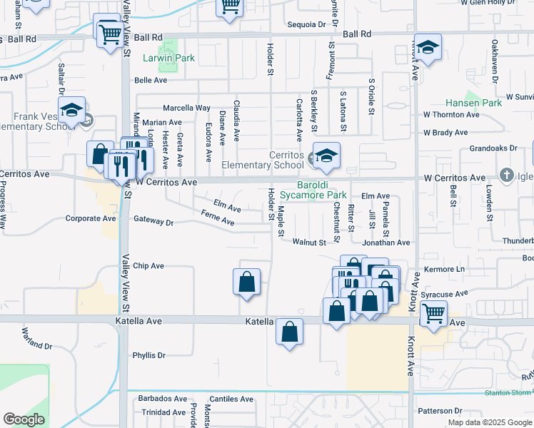 map of restaurants, bars, coffee shops, grocery stores, and more near 10591 Elm Avenue in Cypress