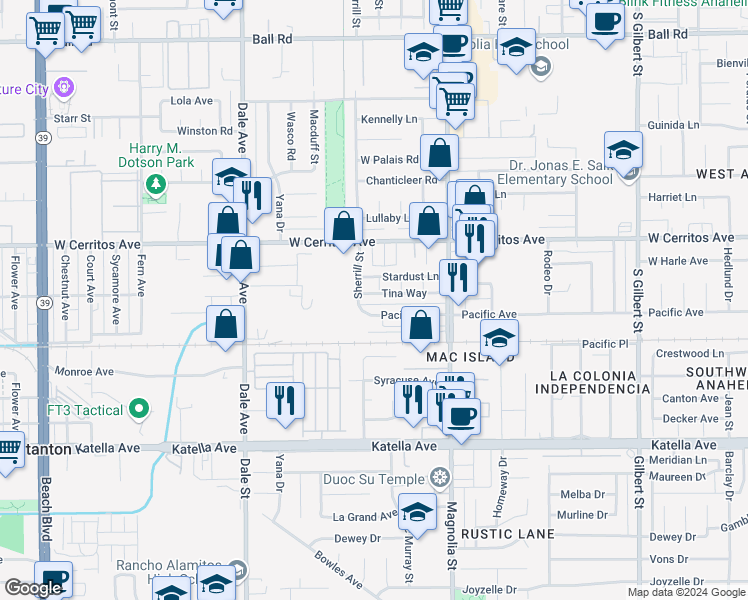 map of restaurants, bars, coffee shops, grocery stores, and more near 8860 Tina Way in Anaheim