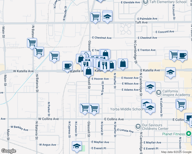 map of restaurants, bars, coffee shops, grocery stores, and more near 141 East Hoover Avenue in Orange