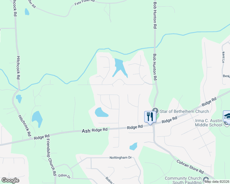 map of restaurants, bars, coffee shops, grocery stores, and more near 296 Ridge Brooke Drive in Douglasville