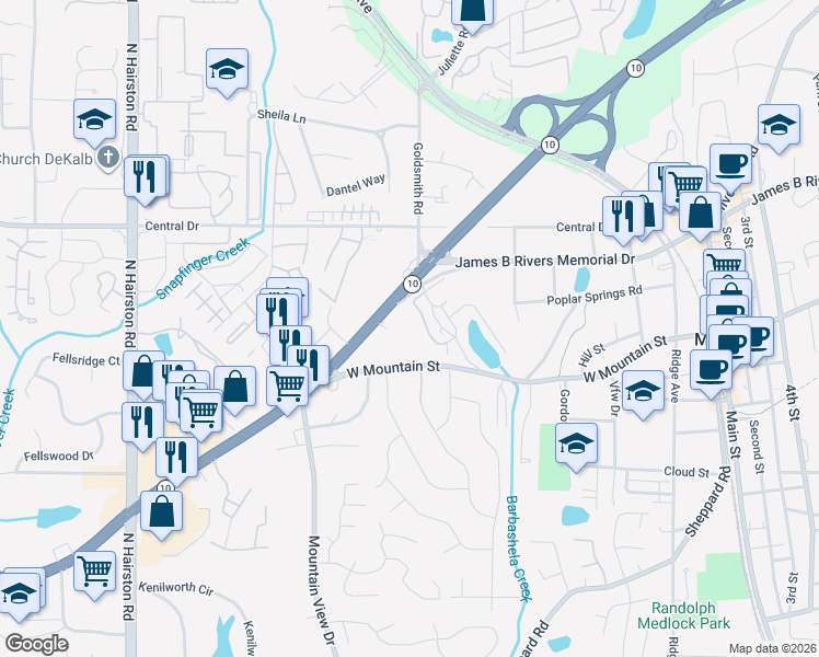 map of restaurants, bars, coffee shops, grocery stores, and more near 5030 West Mountain Street in Stone Mountain