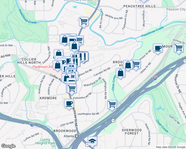 map of restaurants, bars, coffee shops, grocery stores, and more near 50 Camden Road Northeast in Atlanta