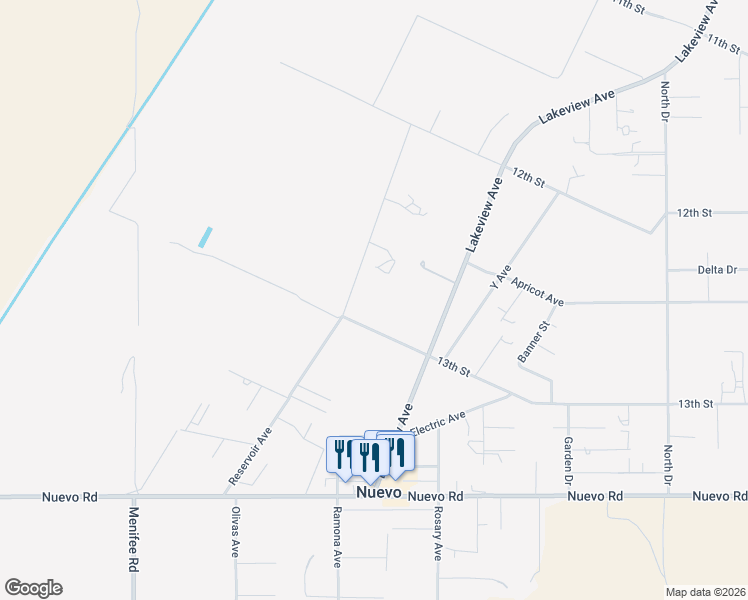 map of restaurants, bars, coffee shops, grocery stores, and more near 29570 13th Street in Nuevo