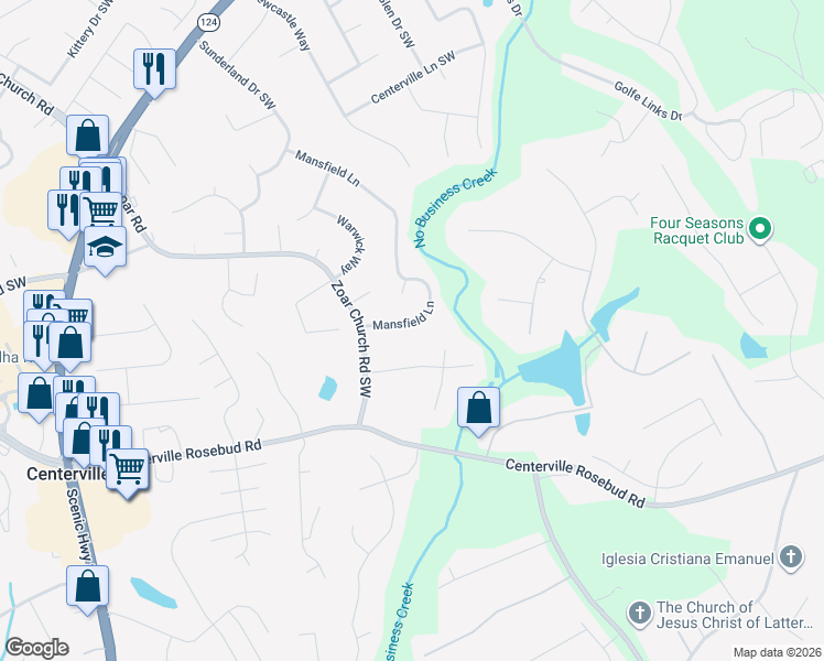 map of restaurants, bars, coffee shops, grocery stores, and more near 3608 Mansfield Lane in Snellville