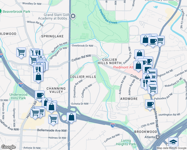 map of restaurants, bars, coffee shops, grocery stores, and more near 1951 Greystone Road Northwest in Atlanta