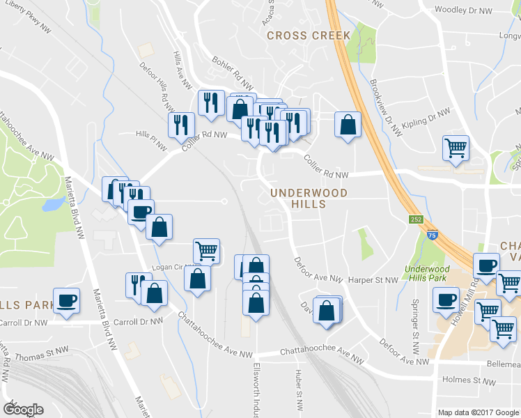 map of restaurants, bars, coffee shops, grocery stores, and more near 1274 Brickton Dr NW in Atlanta