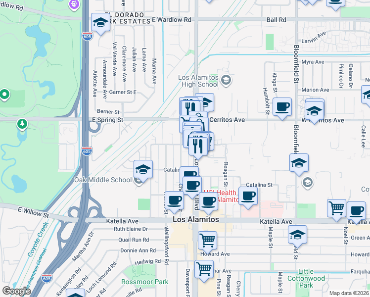 map of restaurants, bars, coffee shops, grocery stores, and more near 10636 Chestnut Street in Los Alamitos