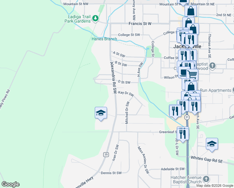 map of restaurants, bars, coffee shops, grocery stores, and more near 614 Alexandria Road Southwest in Jacksonville