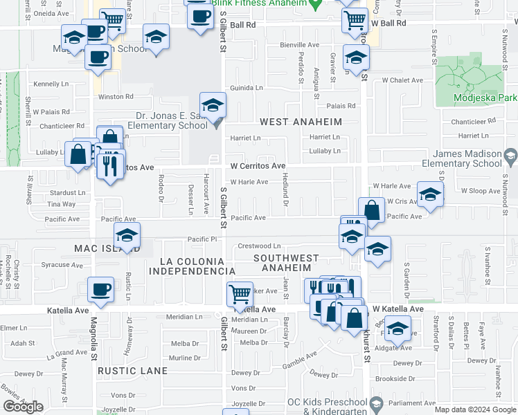 map of restaurants, bars, coffee shops, grocery stores, and more near 10632 Larry Drive in Anaheim