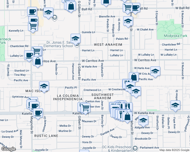 map of restaurants, bars, coffee shops, grocery stores, and more near 10631 Thomas Drive in Anaheim