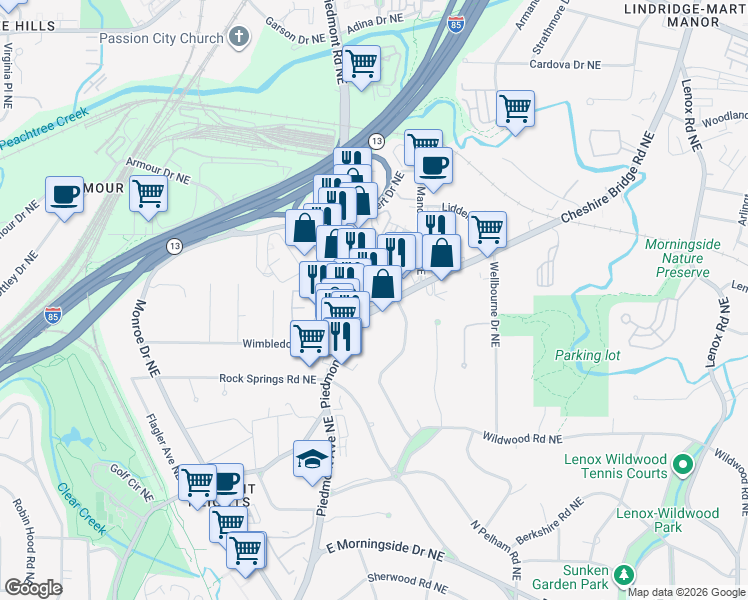 map of restaurants, bars, coffee shops, grocery stores, and more near 1903 Piedmont Circle Northeast in Atlanta