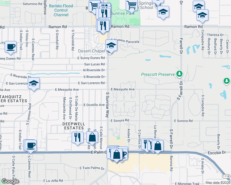 map of restaurants, bars, coffee shops, grocery stores, and more near 1004 Saint Thomas Circle in Palm Springs