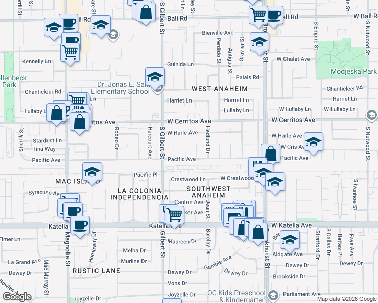 map of restaurants, bars, coffee shops, grocery stores, and more near 10632 Larry Drive in Anaheim