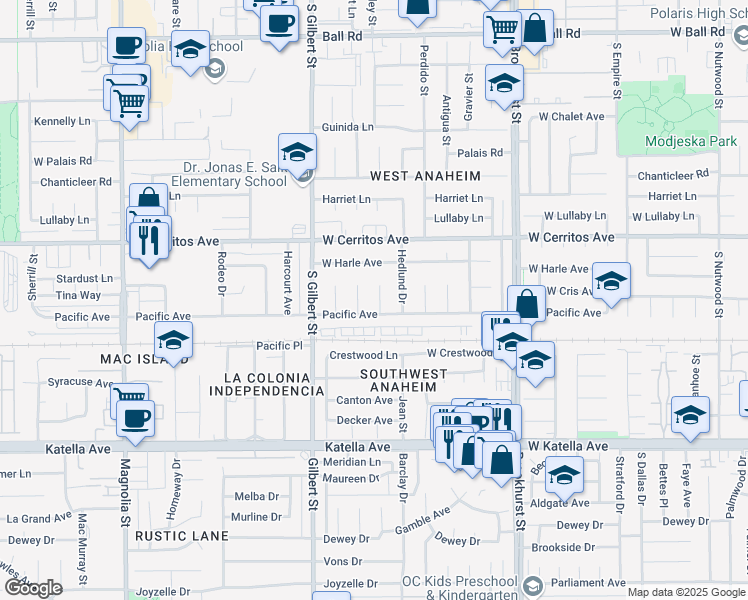 map of restaurants, bars, coffee shops, grocery stores, and more near 10631 Thomas Drive in Anaheim