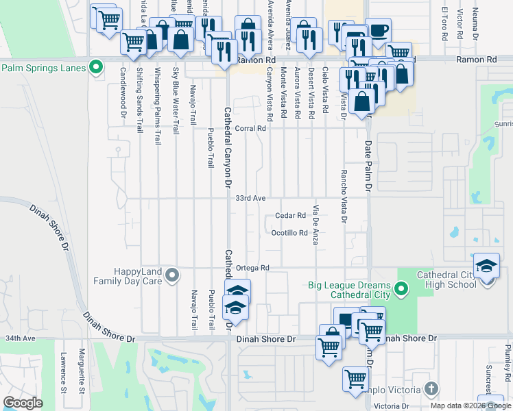 map of restaurants, bars, coffee shops, grocery stores, and more near 68629 33rd Avenue in Cathedral City