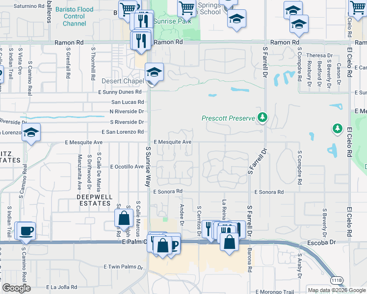 map of restaurants, bars, coffee shops, grocery stores, and more near 1001 Saint Bimini Circle in Palm Springs