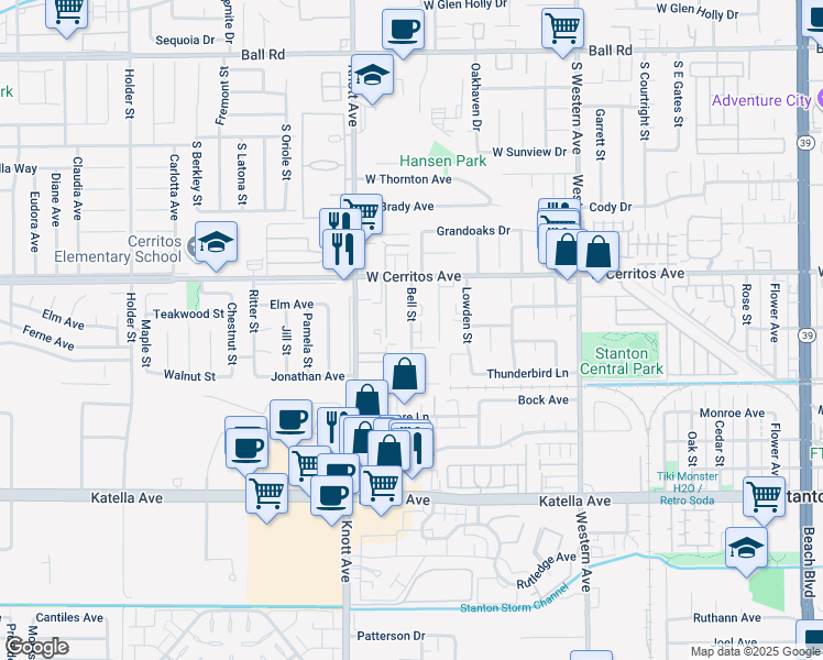 map of restaurants, bars, coffee shops, grocery stores, and more near 10602 Bell Street in Stanton