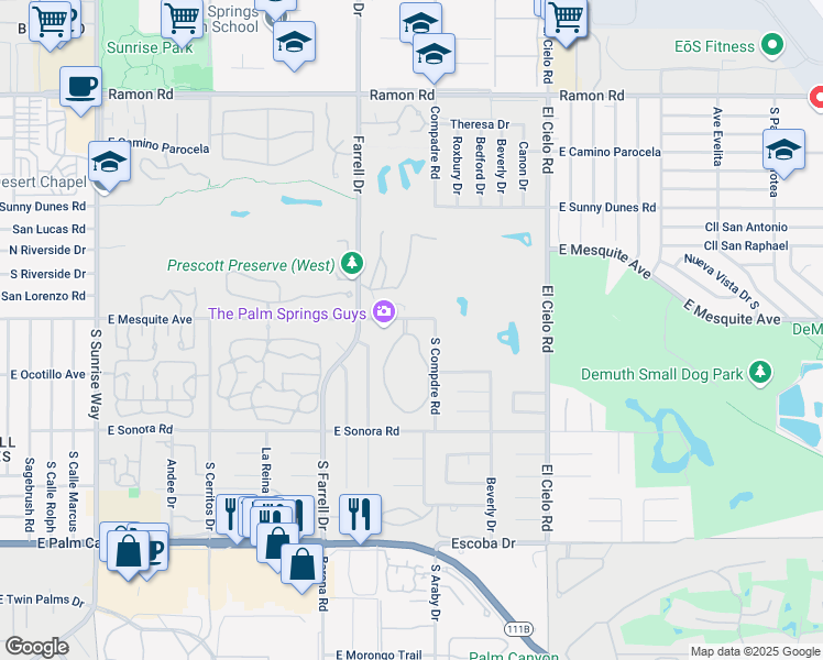 map of restaurants, bars, coffee shops, grocery stores, and more near 2701 East Mesquite Avenue in Palm Springs