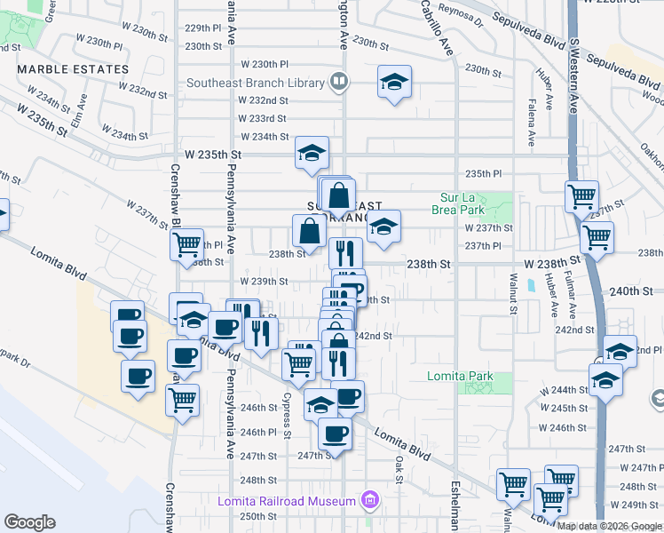 map of restaurants, bars, coffee shops, grocery stores, and more near 23805 Arlington Avenue in Torrance