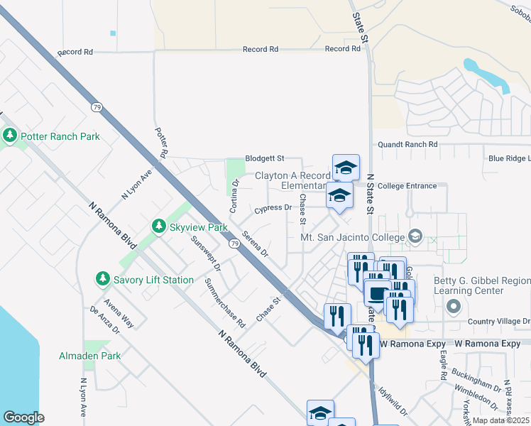 map of restaurants, bars, coffee shops, grocery stores, and more near 1008 Cypress Drive in San Jacinto