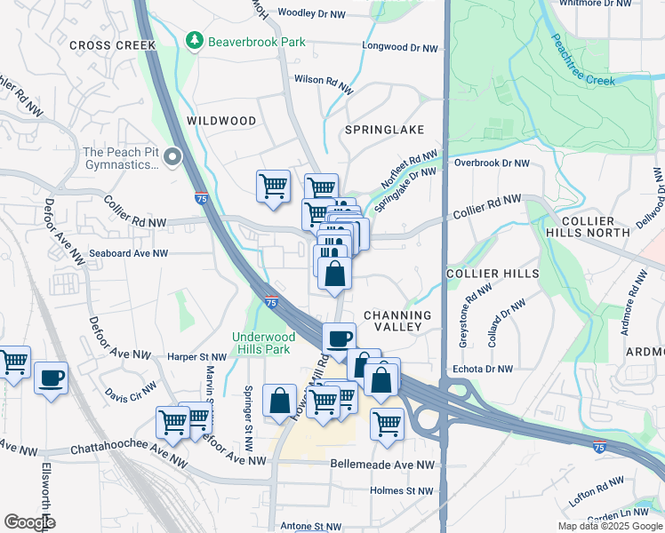 map of restaurants, bars, coffee shops, grocery stores, and more near 1971 Howell Mill Road Northwest in Atlanta