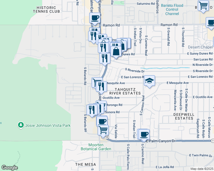 map of restaurants, bars, coffee shops, grocery stores, and more near 400 East Mesquite Avenue in Palm Springs