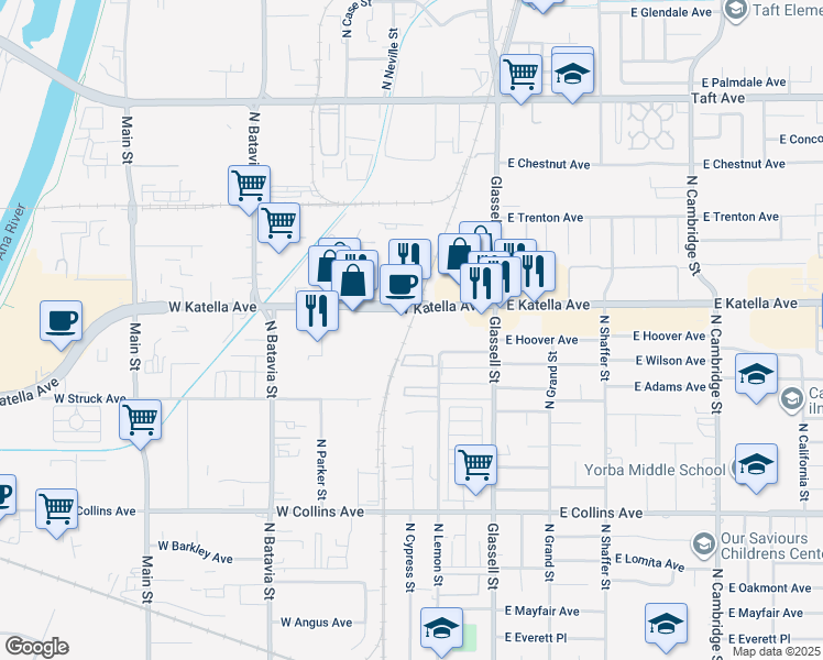 map of restaurants, bars, coffee shops, grocery stores, and more near 428 West Katella Avenue in Orange