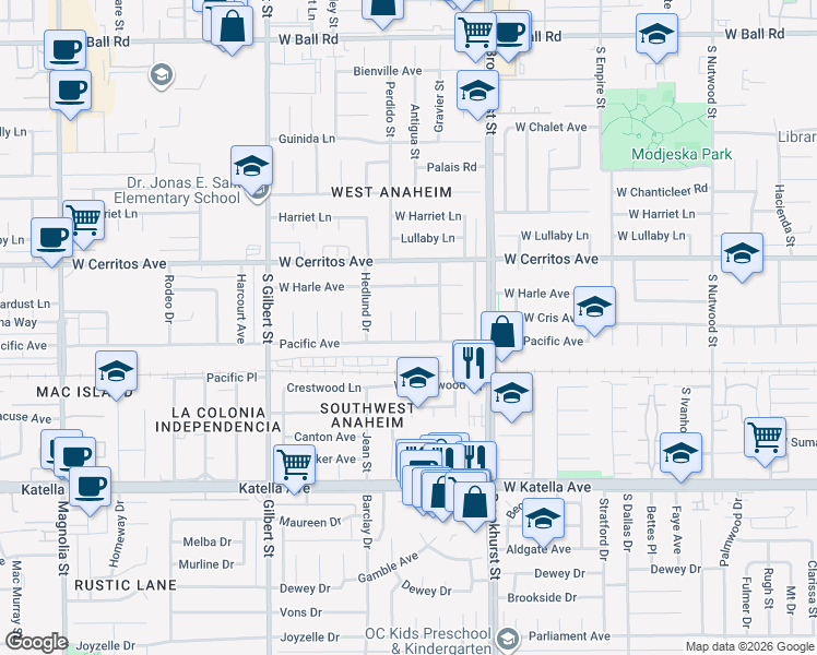 map of restaurants, bars, coffee shops, grocery stores, and more near 10622 Dixie Drive in Anaheim