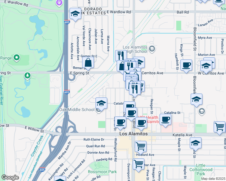 map of restaurants, bars, coffee shops, grocery stores, and more near 10628 Oak Street in Los Alamitos