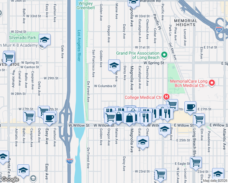 map of restaurants, bars, coffee shops, grocery stores, and more near 2820 Maine Avenue in Long Beach