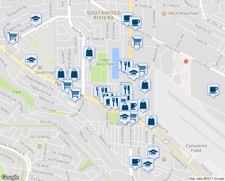 map of restaurants, bars, coffee shops, grocery stores, and more near 23814 Audrey Avenue in Torrance