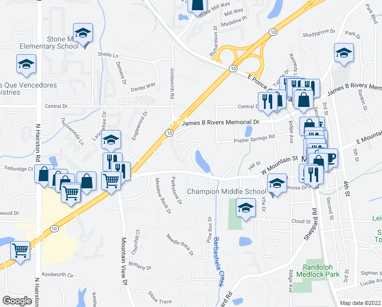 map of restaurants, bars, coffee shops, grocery stores, and more near 5100 West Mountain Street in Stone Mountain