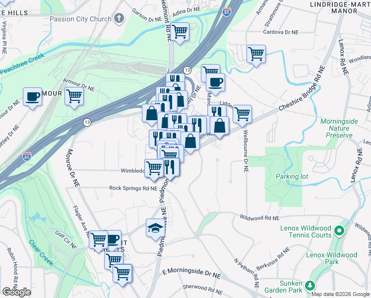 map of restaurants, bars, coffee shops, grocery stores, and more near 1903 Piedmont Circle Northeast in Atlanta