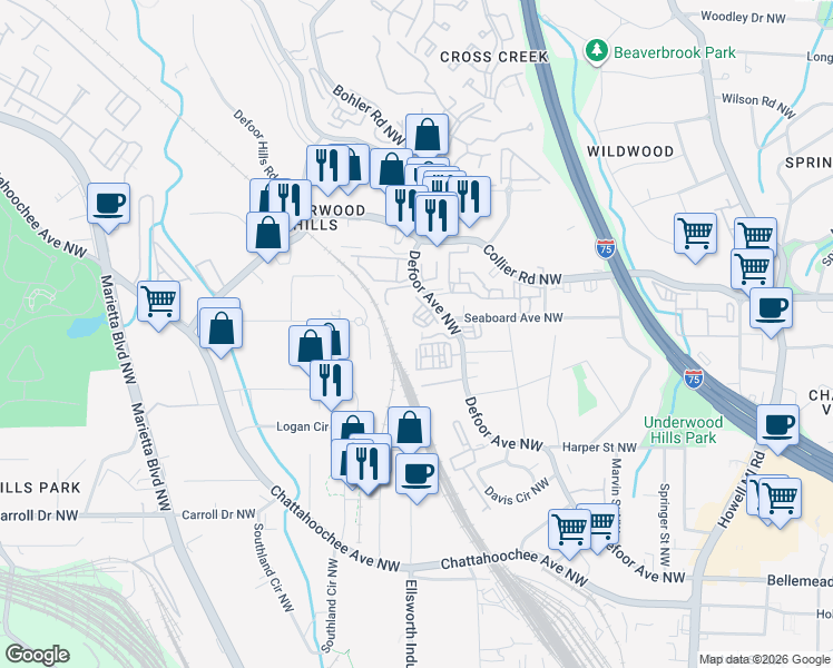 map of restaurants, bars, coffee shops, grocery stores, and more near 1274 Brickton Drive Northwest in Atlanta