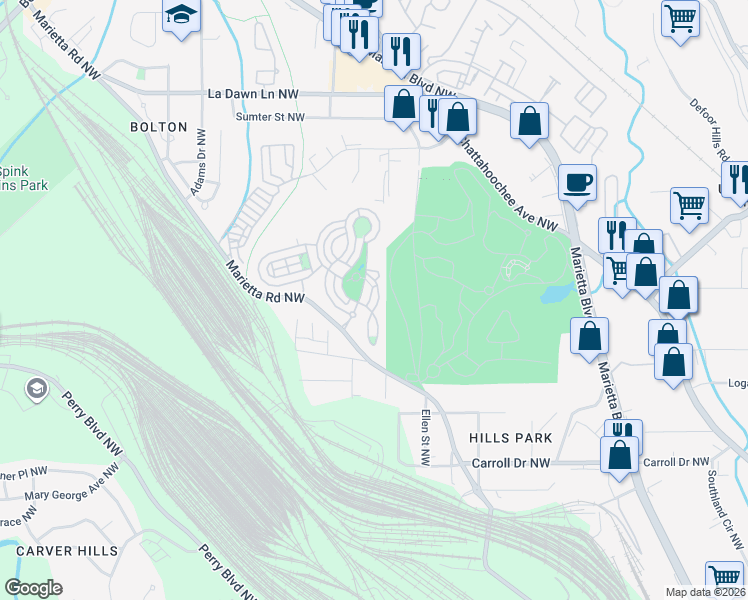 map of restaurants, bars, coffee shops, grocery stores, and more near 1662 Duncan Drive Northwest in Atlanta
