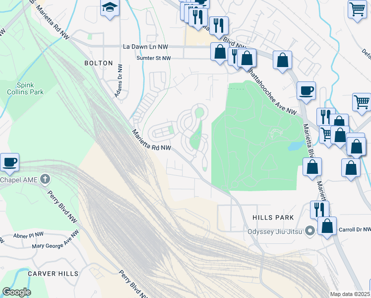 map of restaurants, bars, coffee shops, grocery stores, and more near 1517 Gilstrap Lane Northwest in Atlanta