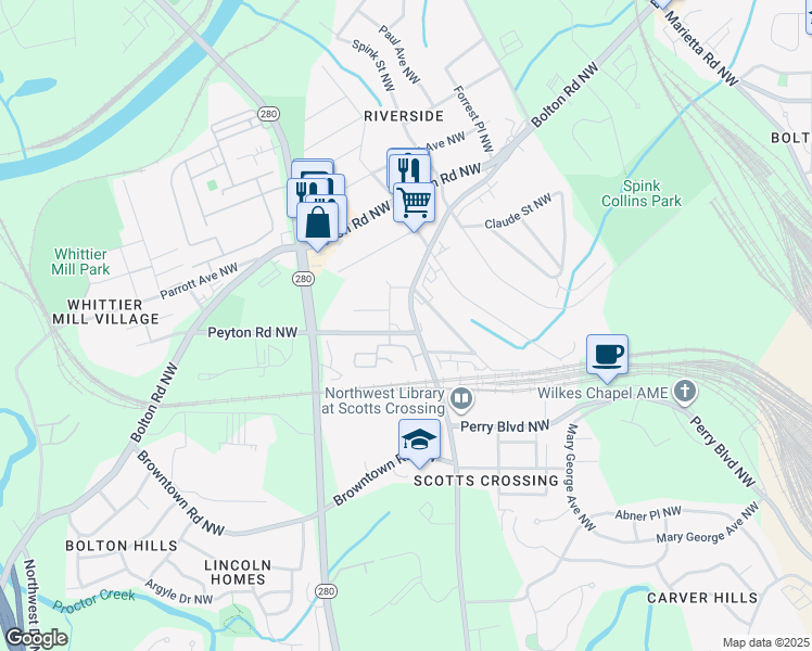 map of restaurants, bars, coffee shops, grocery stores, and more near 1940 Hollywood Road Northwest in Atlanta