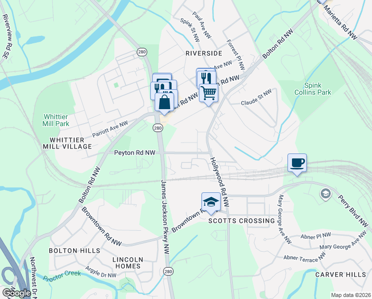 map of restaurants, bars, coffee shops, grocery stores, and more near 2632 Oakdale Street Northwest in Atlanta