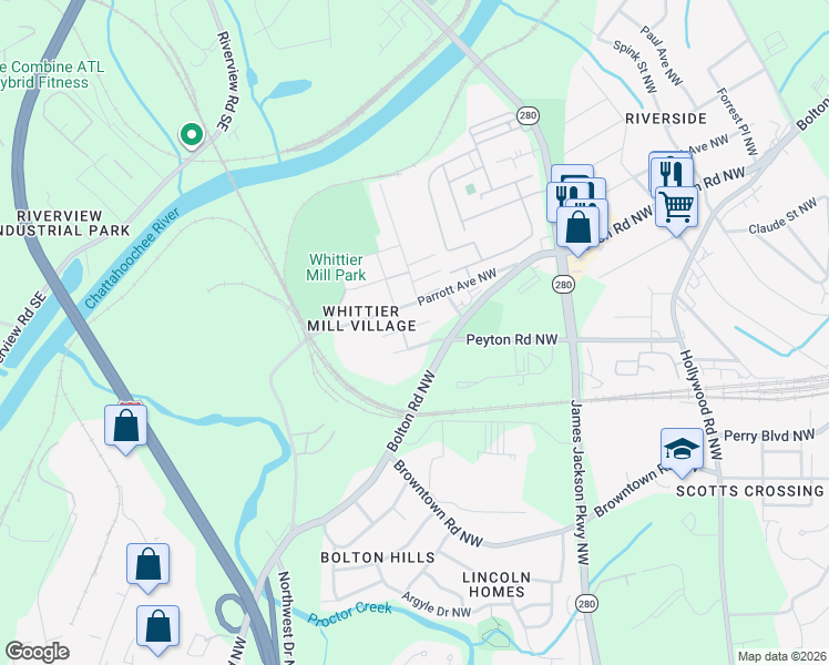 map of restaurants, bars, coffee shops, grocery stores, and more near 2884 Macaw Street Northwest in Atlanta