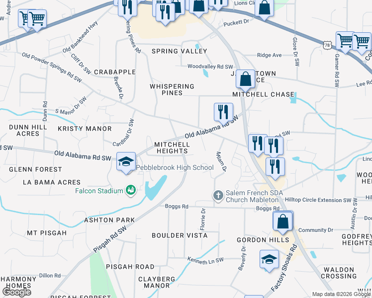 map of restaurants, bars, coffee shops, grocery stores, and more near 5971 Pisgah Road Southwest in Mableton