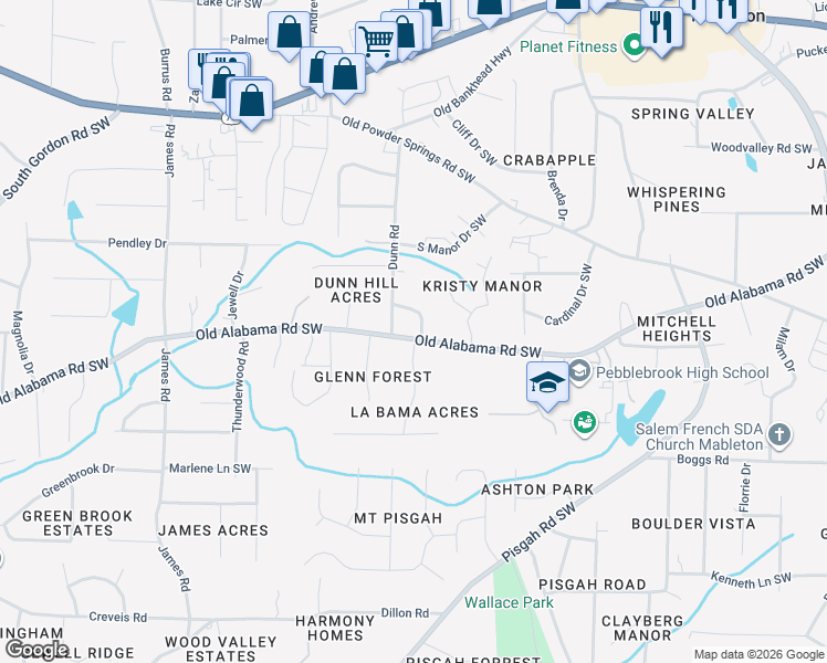 map of restaurants, bars, coffee shops, grocery stores, and more near 1148 Edwin Circle in Mableton