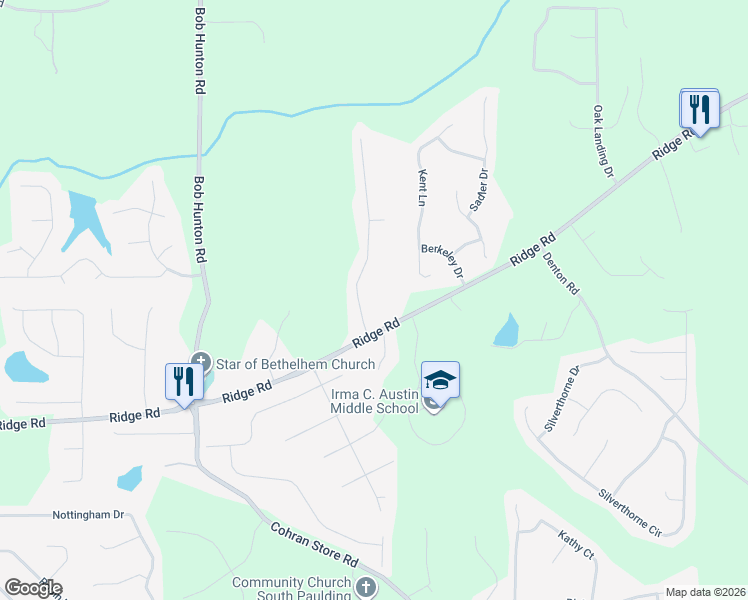 map of restaurants, bars, coffee shops, grocery stores, and more near 76 Garretts Drive in Douglasville