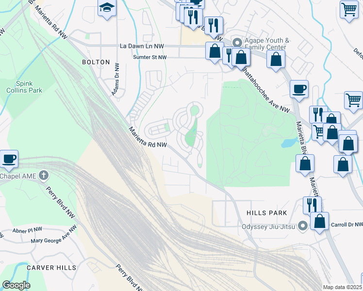 map of restaurants, bars, coffee shops, grocery stores, and more near 1517 Gilstrap Lane Northwest in Atlanta