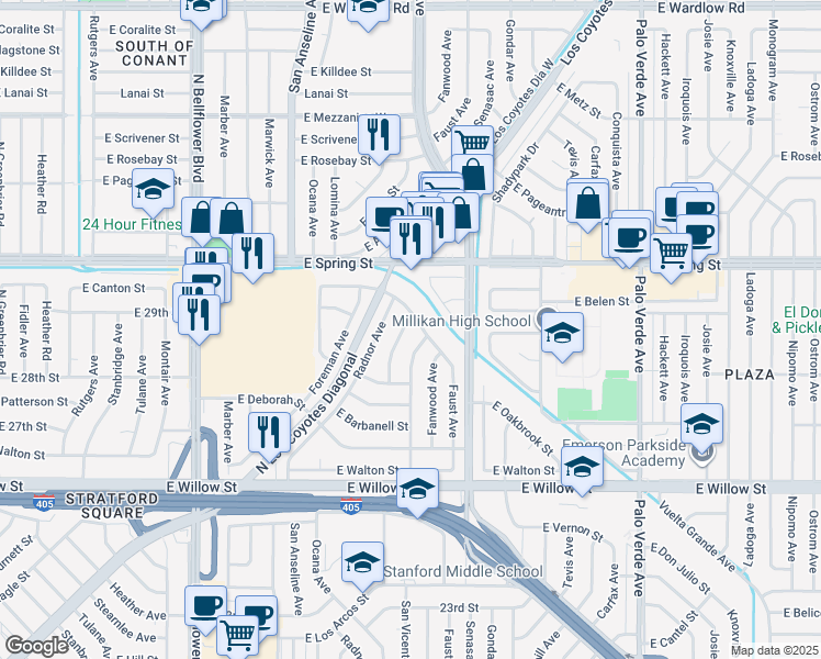 map of restaurants, bars, coffee shops, grocery stores, and more near 2870 Albury Avenue in Long Beach