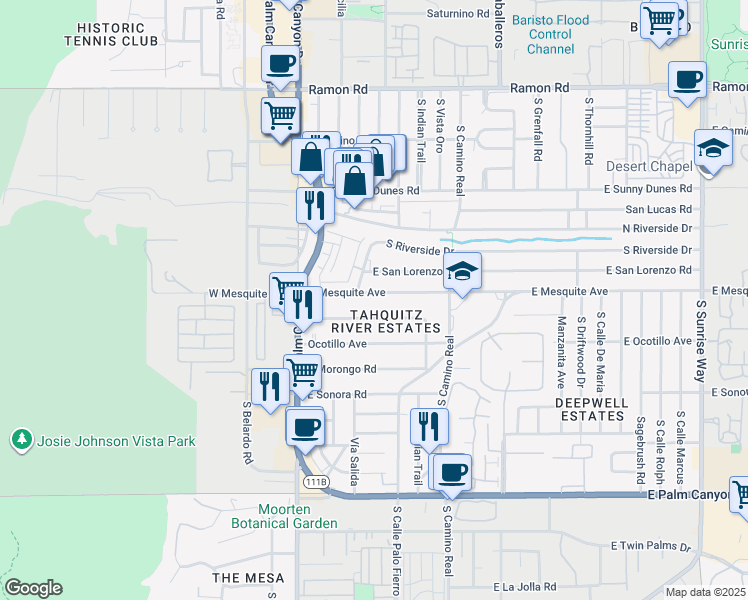 map of restaurants, bars, coffee shops, grocery stores, and more near 249 East Mesquite Avenue in Palm Springs