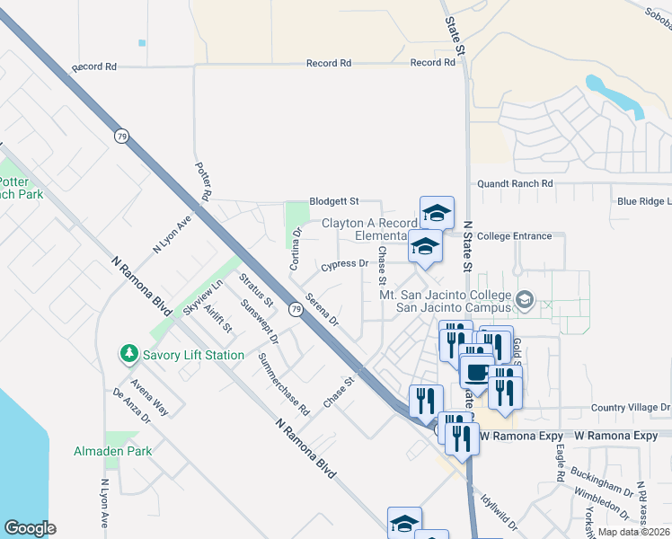 map of restaurants, bars, coffee shops, grocery stores, and more near 1008 Cypress Drive in San Jacinto